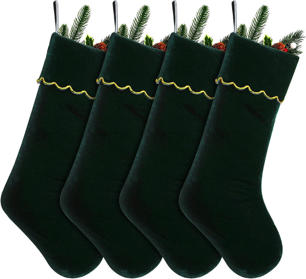 Velvet Christmas Stockings 20 Inch Large Green Xmas Stockings with Scalloped Gold Edge Hanging Soft Velvet - Set of 4