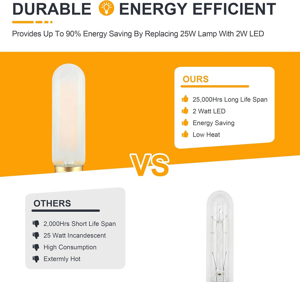 Frosted T10 LED Bulb- Dimmable E26 LED Chandelier Light Bulbs 25W Equivalent- 2700K Soft Warm- 2W Vintage Tubular