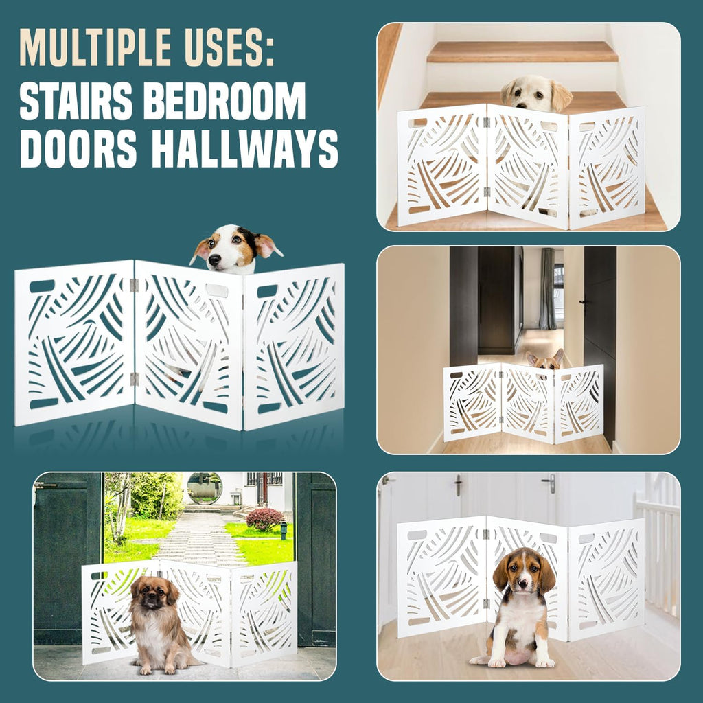 Freestanding Dog Gate Expandable Decorative Wooden Fence for Small to Medium Pet Dogs, Barrier for Stairs, Doorways