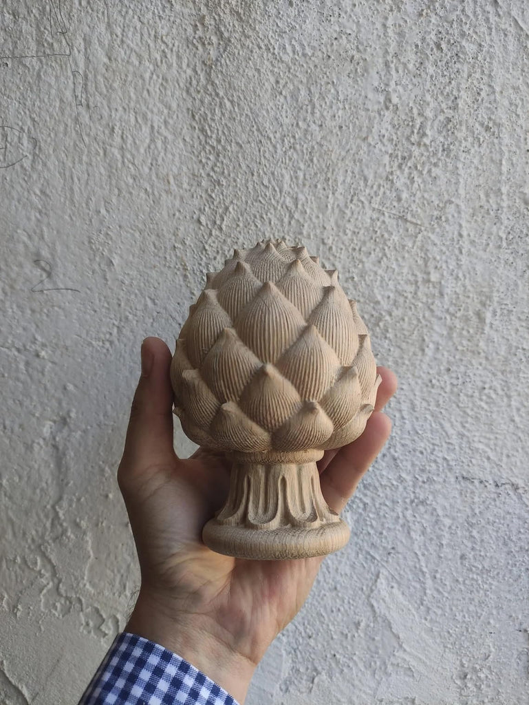 Artichoke Wood Finial - Hand-Carved Oak Newel Post Cap with Reeded Ribbon Base - Unfinished Decorative Accent for