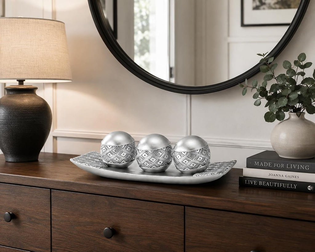 Silver Decorative Orbs with Tray Set, 3Pcs Resin Decorative Balls with Tray, Modern Accent Sphere for Coffee Table