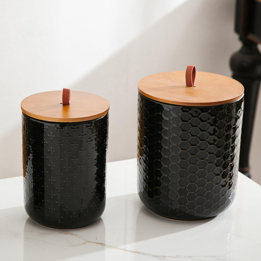 Black Embossed Ceramic Canister 3 Piece with Airtight Bamboo Lid