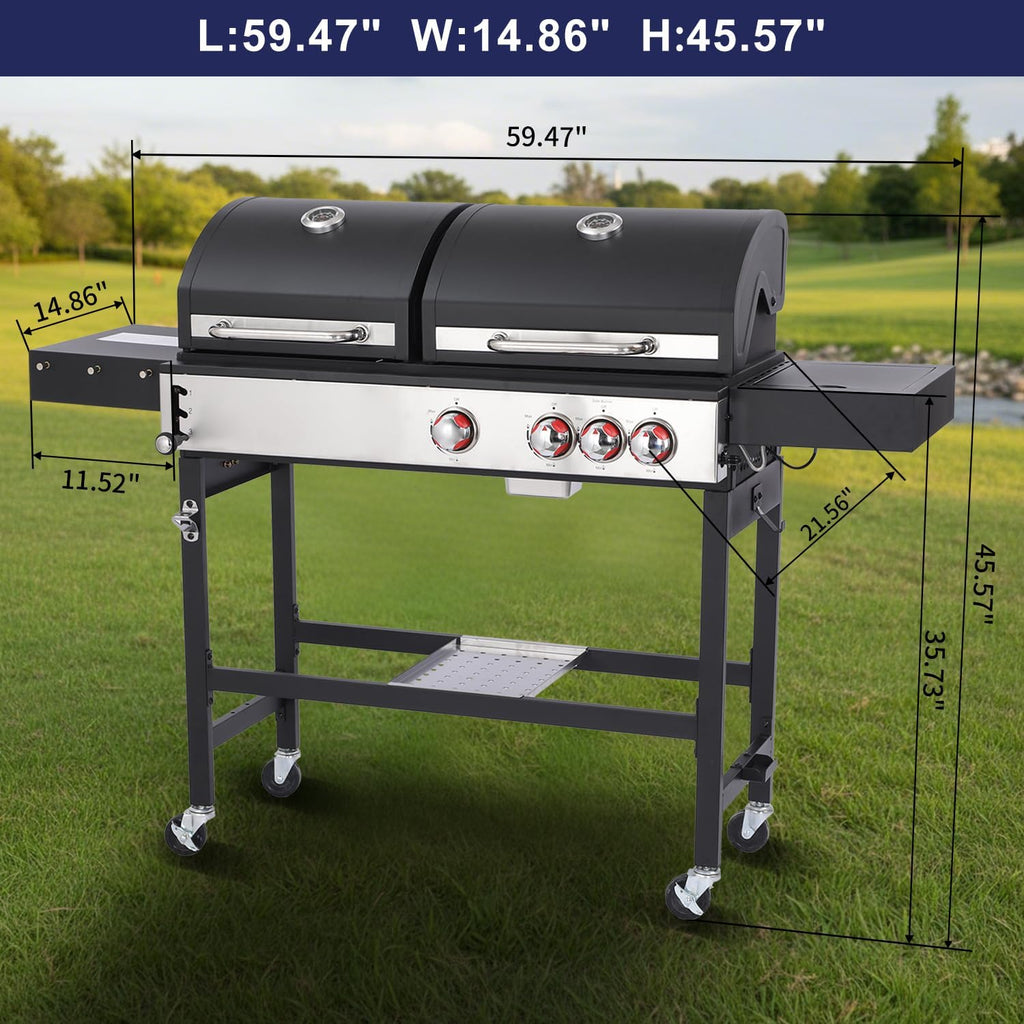 Charcoal and 3-Burner Propane Gas Grill Combo with Side Burner, Dual Fuel BBQ Grill with Porcelain Cast Iron Grates