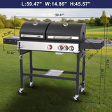 Charcoal and 3-Burner Propane Gas Grill Combo with Side Burner, Dual Fuel BBQ Grill with Porcelain Cast Iron Grates