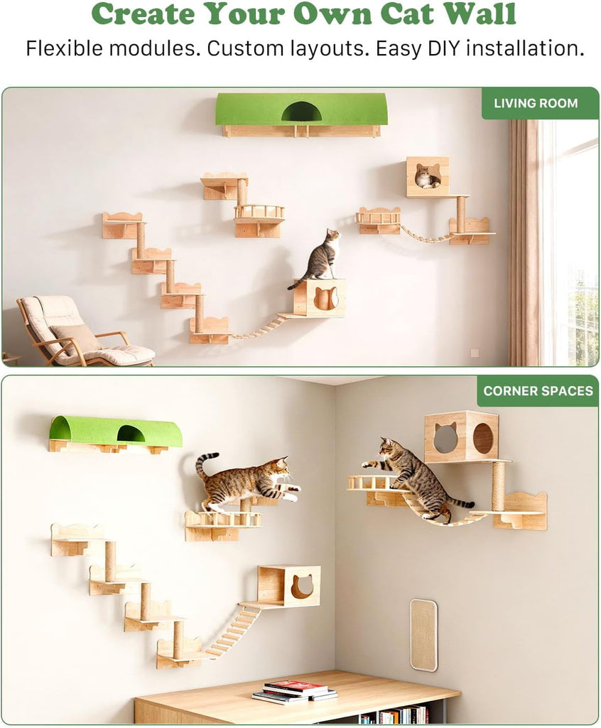 18 in 1 Solid Wood Cat Wall Shelves for Large Spaces & Multi-Cat Homes