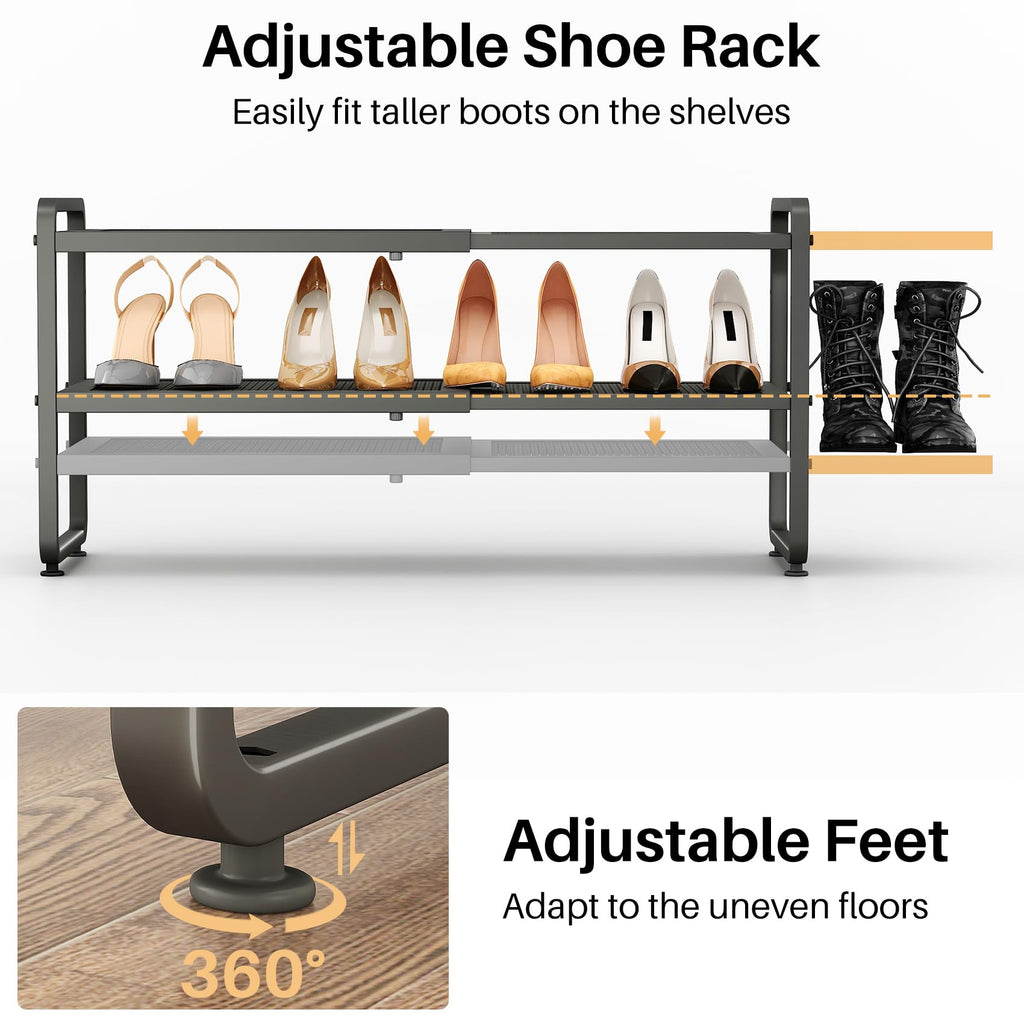 Expandable Metal Shoe Rack for Closet, Entryway & Garage, 2-Tier, Grey