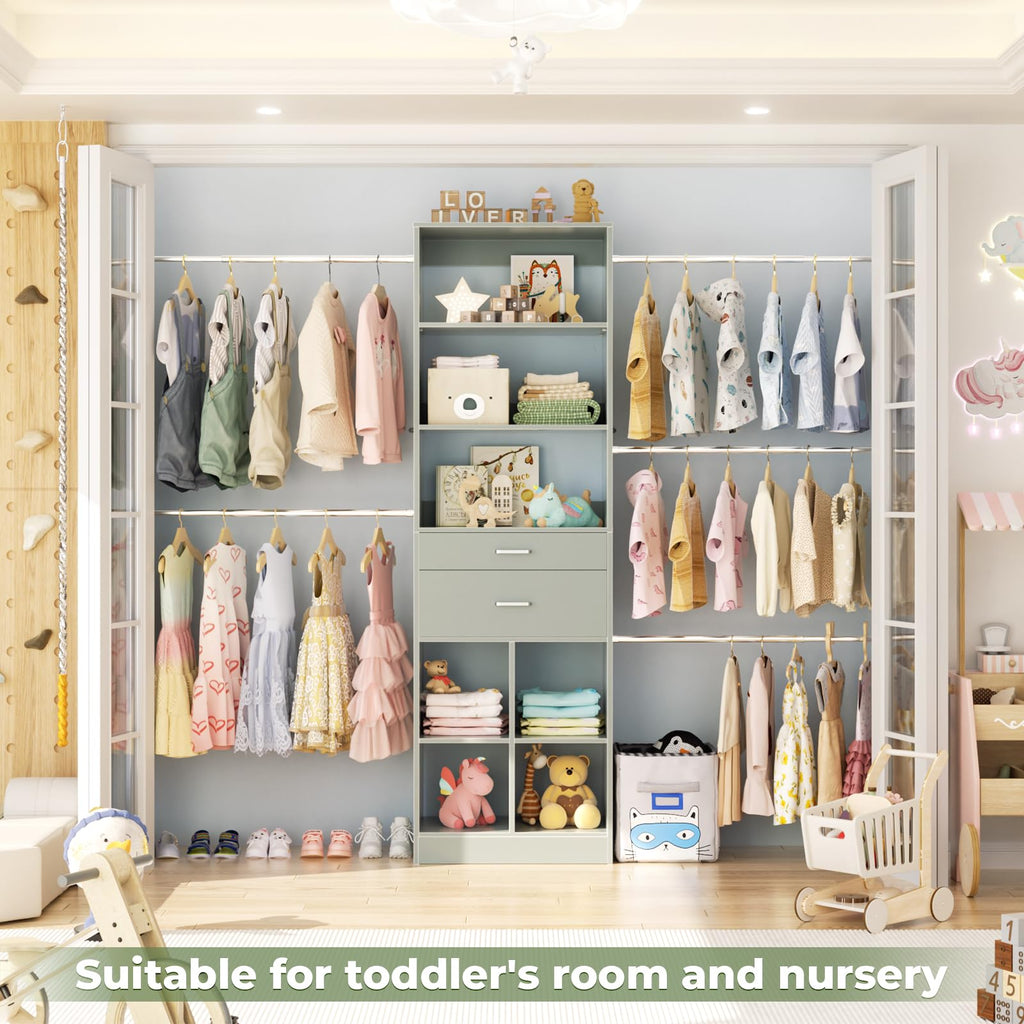 Closet System, 4-8 FT Closet Organizer Tower with 2 Wooden Drawers and Shelves, Can Fit 60 to 96 inch Walk-in Closet