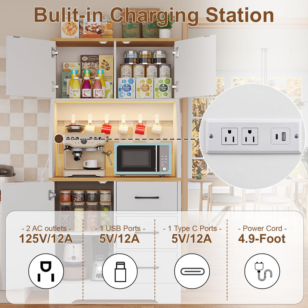 Pantry Cabinet with Adjustable Shelves and 3 Drawers, Tall Kitchen Pantry Storage Cabinet with LED Light & Charging