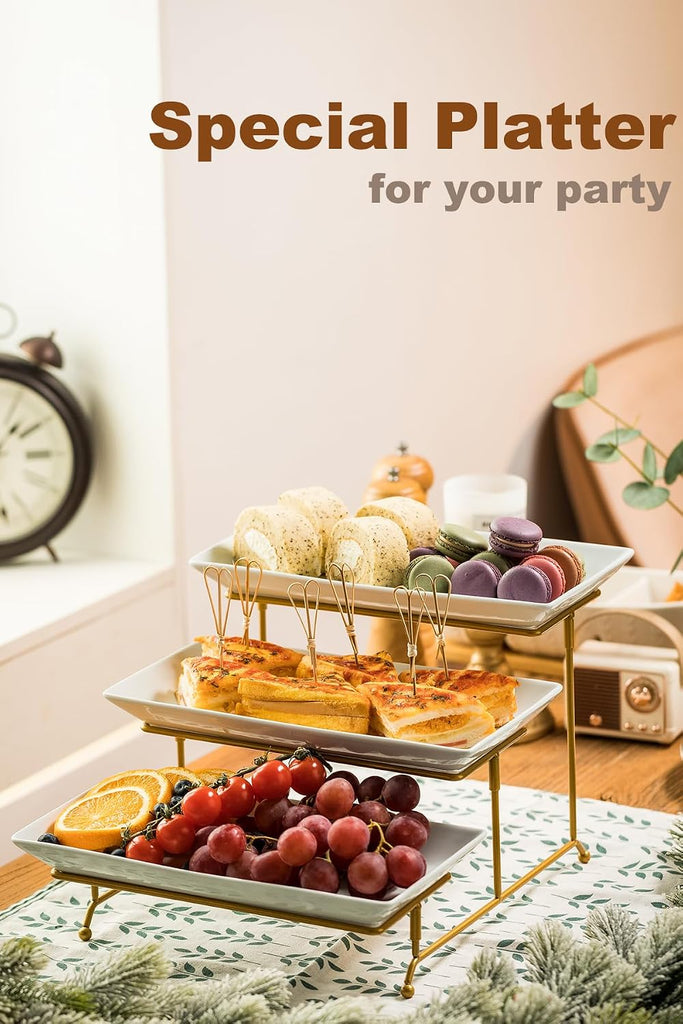 3 Tier Serving Tray, Porcelain Serving Platter Tier Serving Stand | Serving Trays and Platters with Collapsible