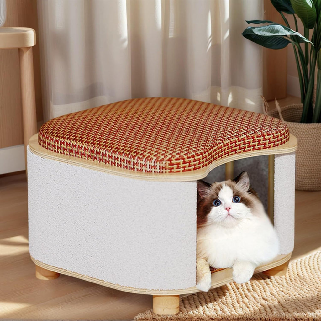 Multi-Functional Wooden Cat Cabinet, Cat Bed with Scratch Pad & Rattan Cushion, Hidden Cat Cave & Ottoman Stool