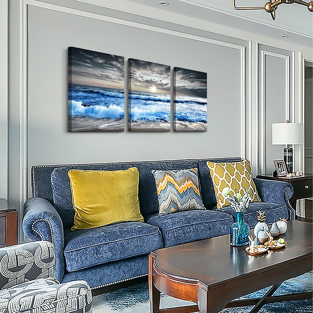 3 Piece Canvas Wall Art - Blue Ocean Wave Seascape Pictures - Bedroom, Living Room, Office Wall Decor - Modern Home