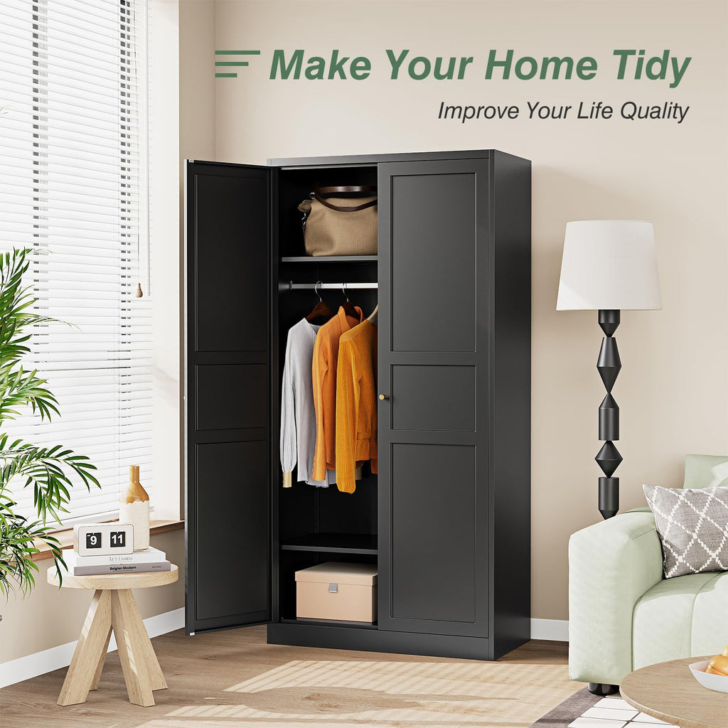Metal Wardrobe Closet Cabinet, Armoire Wardrobe Closets Storage Cabinets with Doors and Shelves for Laundry