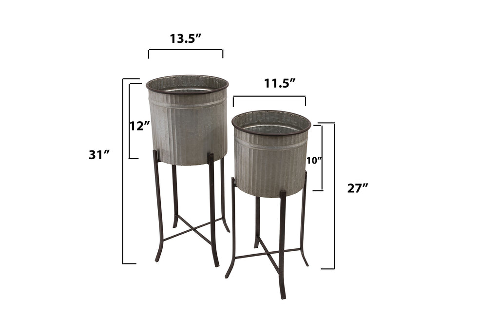 2‐Piece Round Corrugated Metal Planters on Stands, Silver and Black