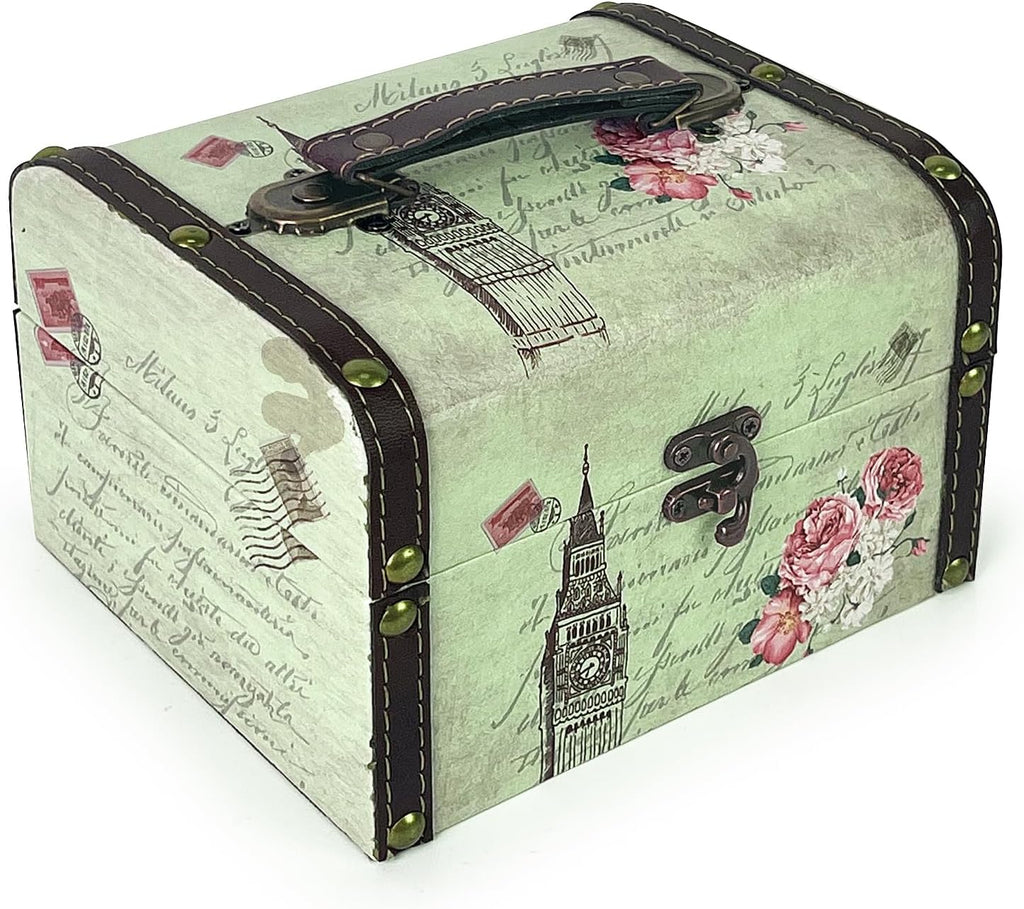 Small Wooden Treasure Box, Decorative Tin Storage Chest Jewelry Keepsake Boxes for Kids Girls Boys Gifts Home