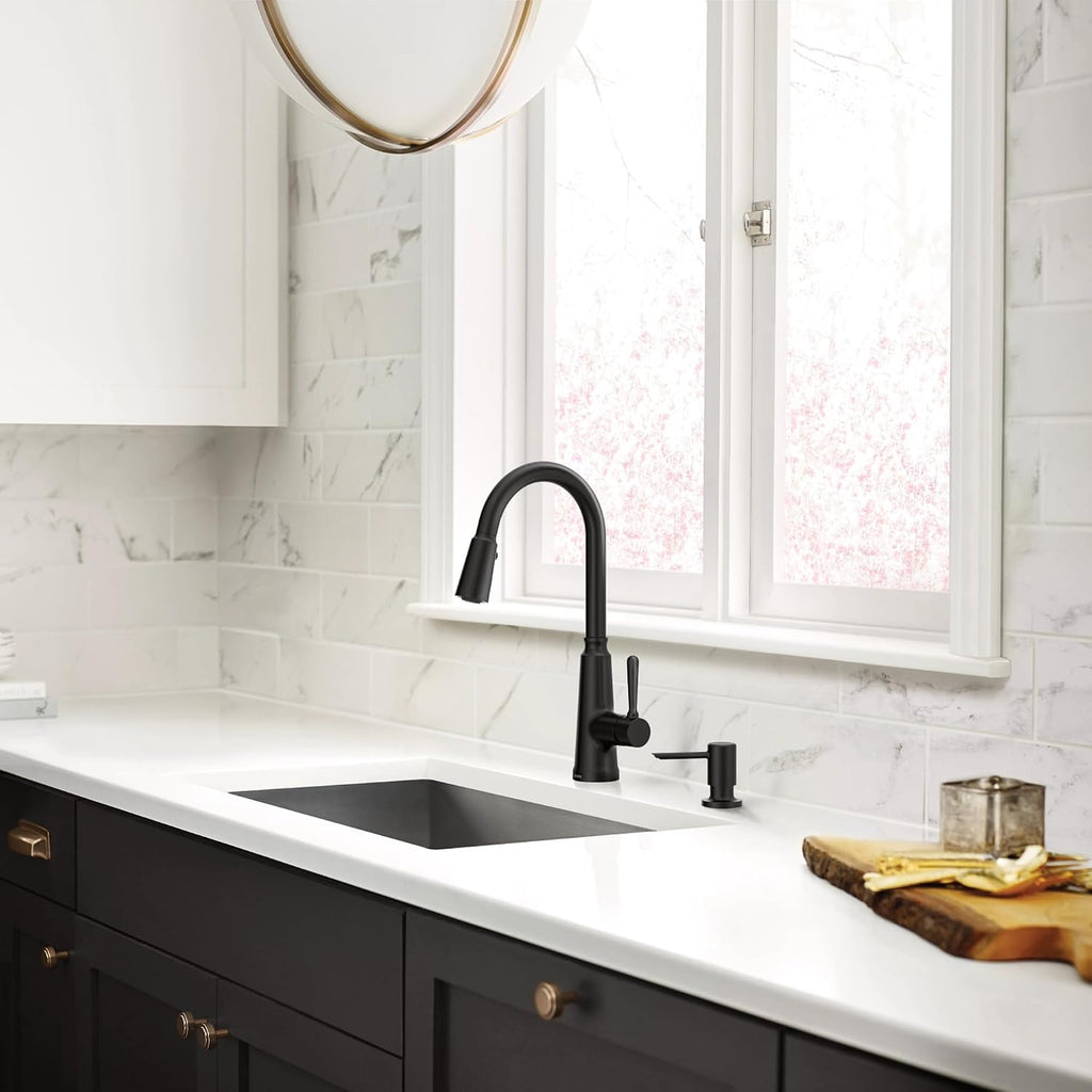 Trew Matte Black Kitchen Faucet with Soap Dispenser and Pulldown with Power Boost, Transitional Kitchen Faucet