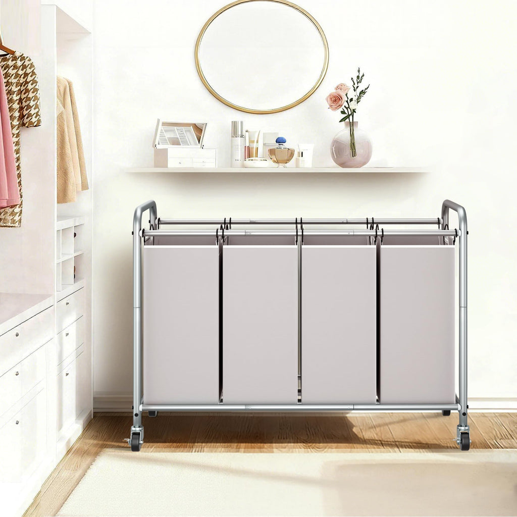 4 Section Laundry Sorter, Laundry Hamper with Wheels, Gray