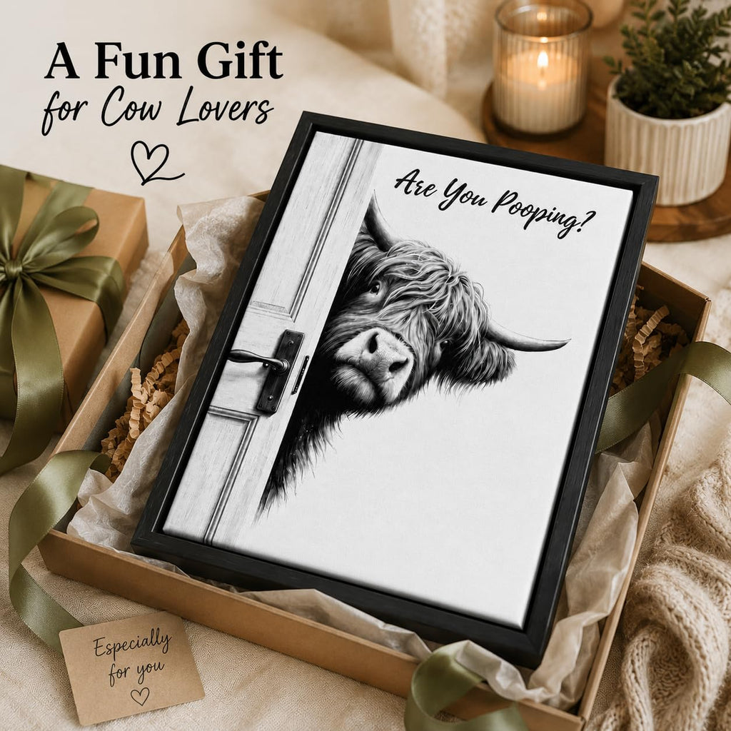 Framed Funny Bathroom Wall Art, Highland Cow Are You Pooping Canvas Print, Black and White Humor Bathroom Animal