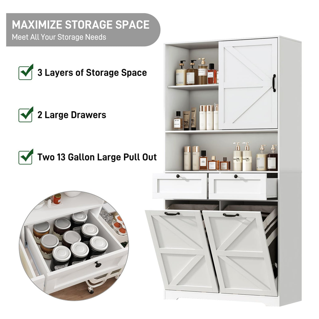 78" Tall Tilt-Out Double Doors Laundry Cabinet Hamper w Hidden Laundry Hamper, Large Pull Out Laundry Room Storage