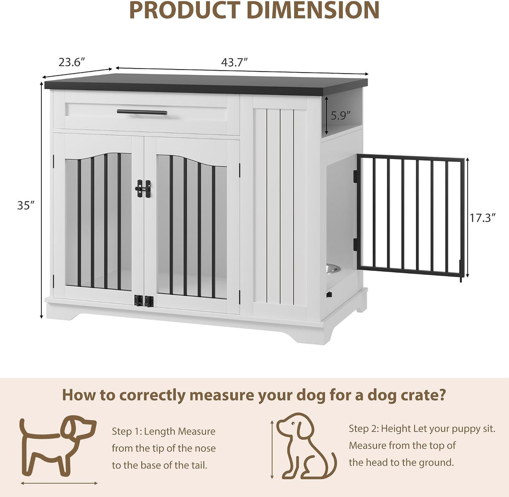 Dog Crate, 44 Inch Dog Crate Furniture End Table, Built-in Feeder Dog Kennel Indoor Kennel, Drawer Storage Small Dog