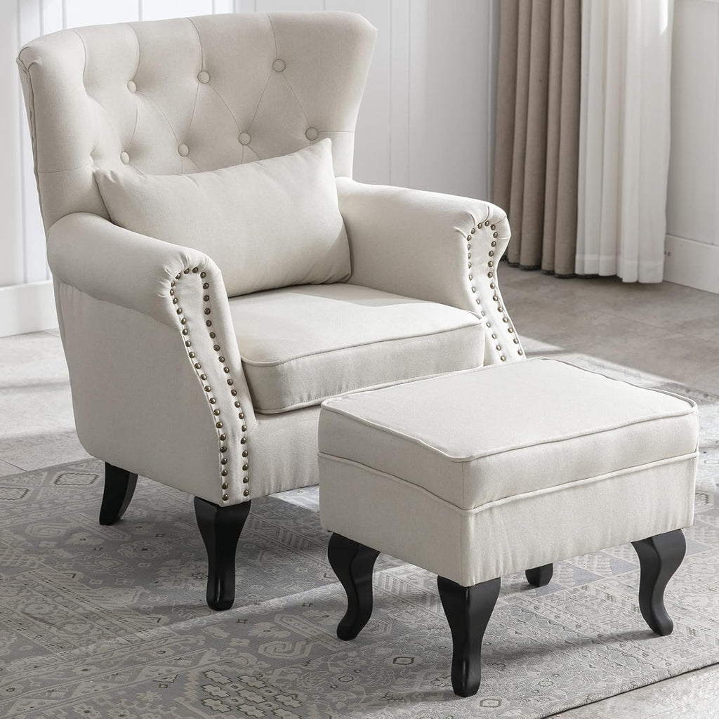 Accent Reading Arm Chairs with Ottoman Bedroom, Midcentury Modern Comfy Corner Sofa Chair, Wingback Waiting Room Club