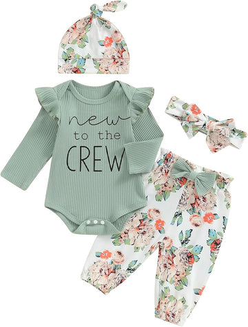 New To The Crew Baby Girl Outfit Newborn Coming Home From Hospital Outfits Ribbed Romper Bodysuit Floral Pants Set