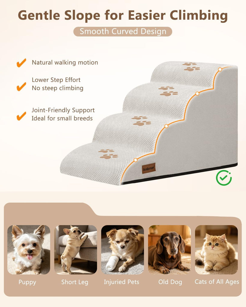 Dog Steps for Bed or Couch, 4 Step Pet Stairs for Small Dogs & Cat