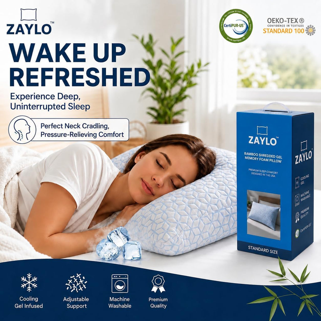 Cooling Bamboo Shredded Gel Memory Foam Pillow, CertiPUR-US Certified, Adjustable Height & Firmness, Bed Pillow for