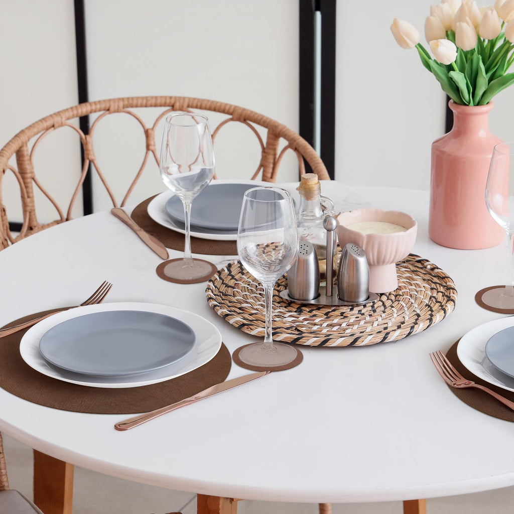 Faux Leather Round Placemats with Coasters Set of 6, 13x13 Inch Non-Slip Heat Resistant Dual-Sided Brown Place Mats