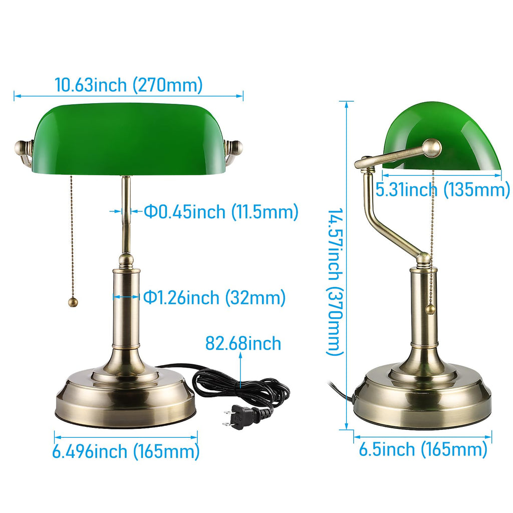 Green Glass Bankers Desk Lamp with Pull Chain, E26 Base