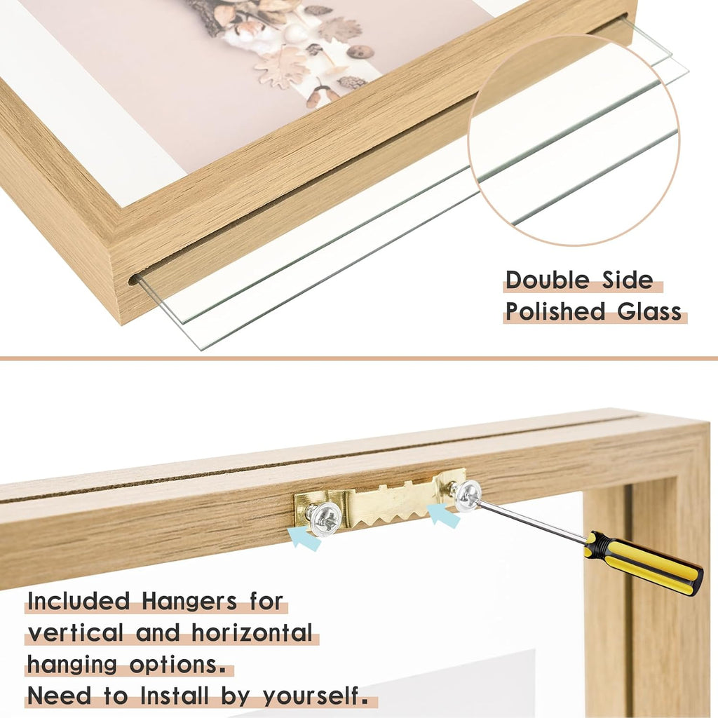 12x16 Floating picture Frames Set of 2,Double Glass Frame,Display Any Size Photo up to 12x16,Wall Mount or Tabletop