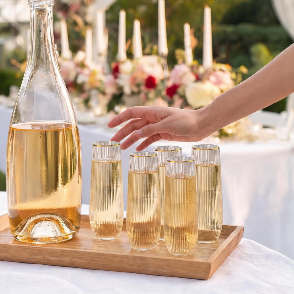 36PACK 9oz Stemless Clear Plastic Champagne Flutes with Gold Rim