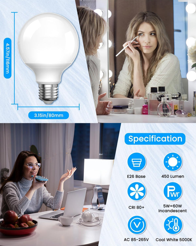 5W E26 LED Vanity Light Bulbs for Mirror Bedroom Kitchen Office, G25 E26 LED Edison Globe Light Bulbs Ultra