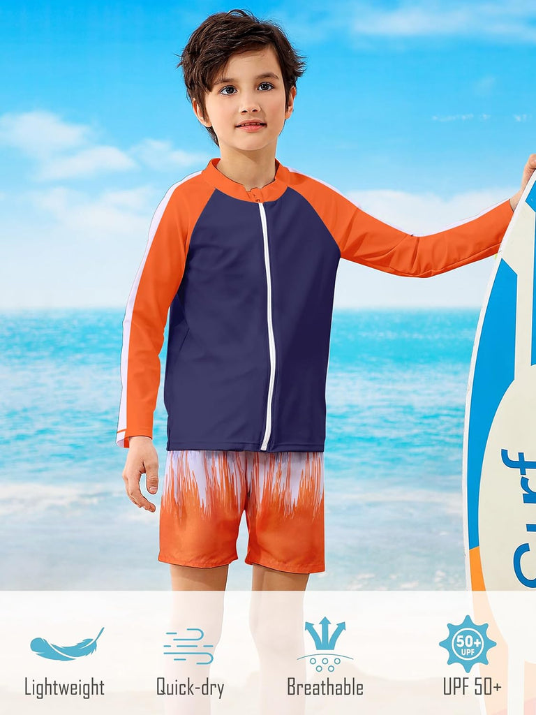 Boys Two Piece Swim Set Zipper Rash Guard Swimsuits Bathing