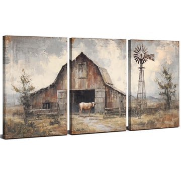Rustic Farmhouse Wall Art Vintage Windmill Wilderness Canvas Painting Nature Village Scenery Canvas Artwork Farm Cow