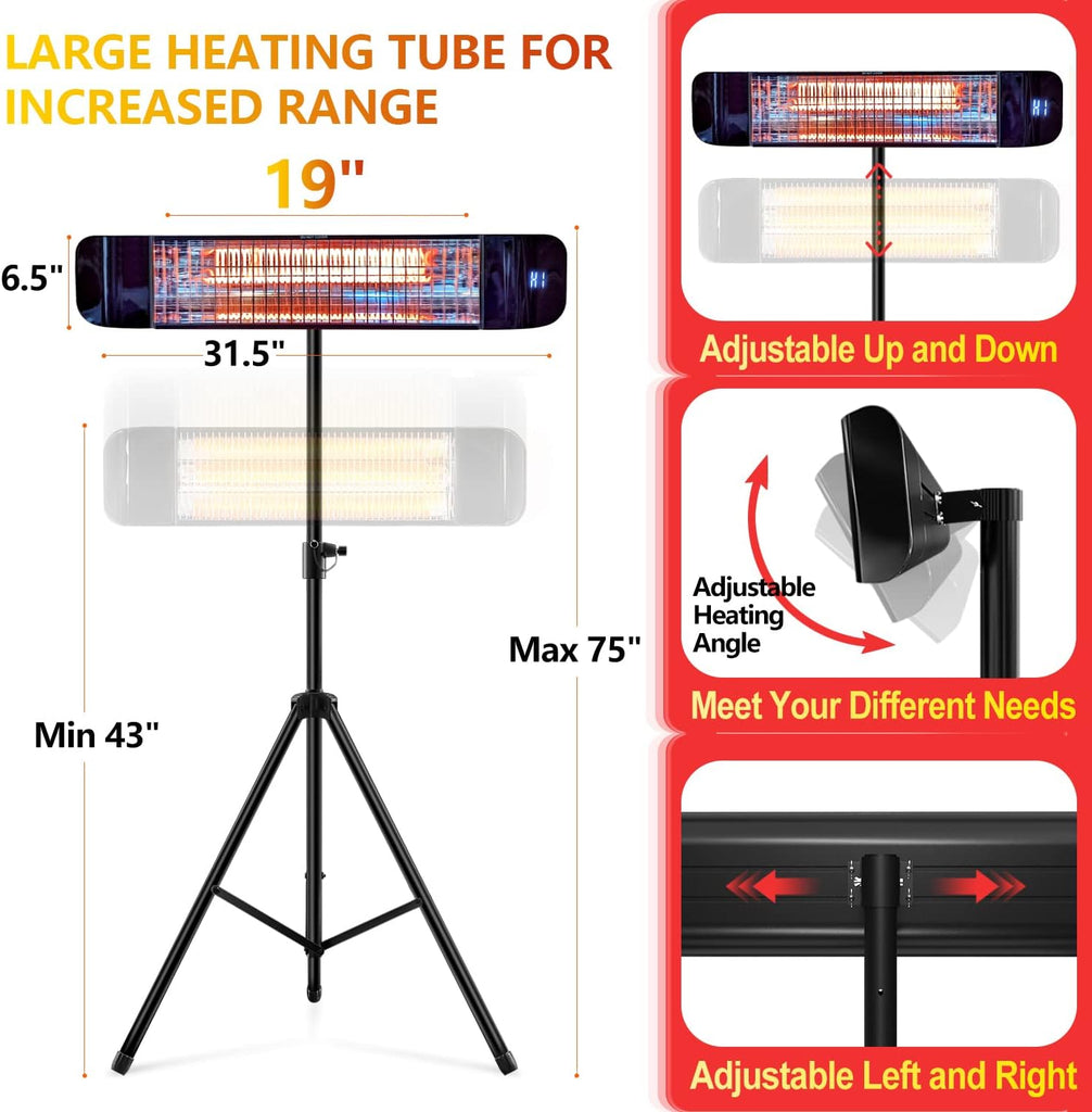 Outdoor Electric Infrared Patio Heater, 1500W | Wall/Portable Tripod Mount, Outdoor/Indoor, Waterproof, Remote