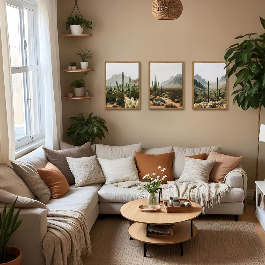 Framed Desert Landscape Wall Art Set of 3, Vintage Southwestern Cactus Wall Decor Paintings, Mexican Mountain