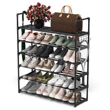 6 Tiers Metal Shoe Rack, Adjustable Shoe Shelf Storage Organizer with Hooks, Stackable Boot & Shoe Storage, Closet, Black