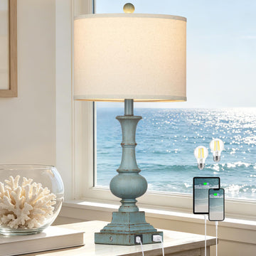 26" Tall Coastal Lamp, Farmhouse Ocean Beach Touch Bedside Lamp with USB A/C Charging Ports & AC Outlets, Vintage