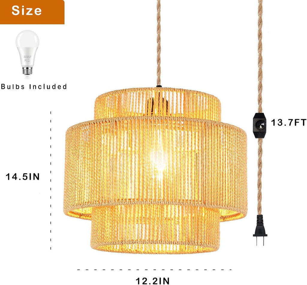 Plug in Pendant Light Hanging Lights with Plug in Cord Boho Hanging Lamp Dimmable, Rattan Wicker Woven Bamboo Lamp