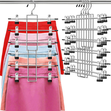Pants Hangers with Clips, Space Saving Hanging Closet Organizer-6 Tiers Skirt Hangers with 360° Swivel Hook, Closet