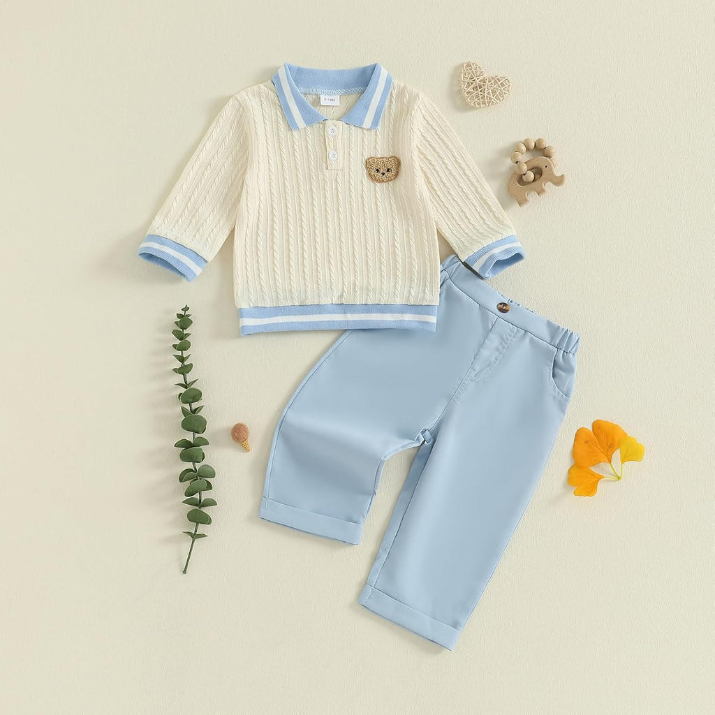 Toddler Baby Boy Clothes Bear Embroidery Sweater Sweatshirt Long Sleeve Sweatsuit 2Pcs Pant Set Fall Winter Outfits