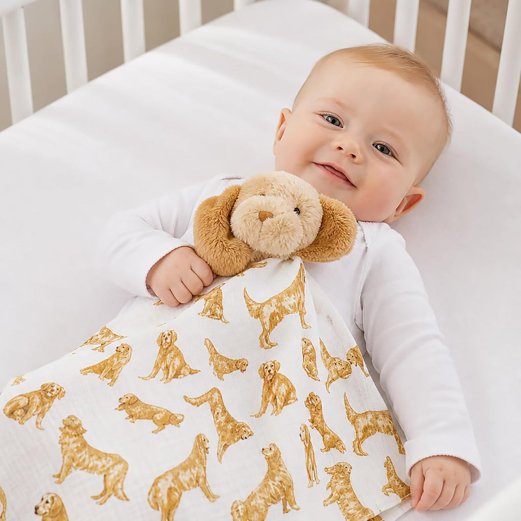 Golden Retriever Woobie Lovey Blanket, Plush Baby Security Blanket with Chime Rattle and Minky Lining