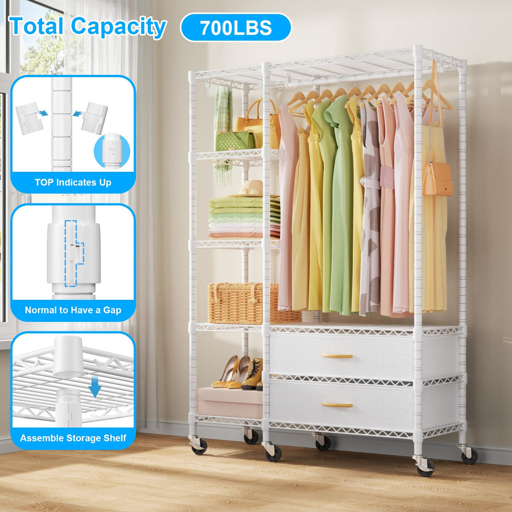 F3R Heavy Duty Clothes Rack(With Lockable Wheels)Freestanding Clothing Racks for Hanging Clothes, Adjustable Closet
