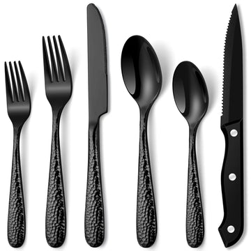 Hammered Black Silverware Set, 24 Pieces Cutlery Sets for 4, Heavy Duty Stainless Steel Flatware, Food-Grade Utensil