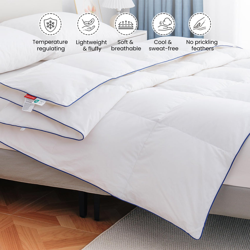 Lightweight Goose Down Fiber Comforter Queen Size, Breathable Summer Duvet Insert, Fluffy Down Blanket for Hot