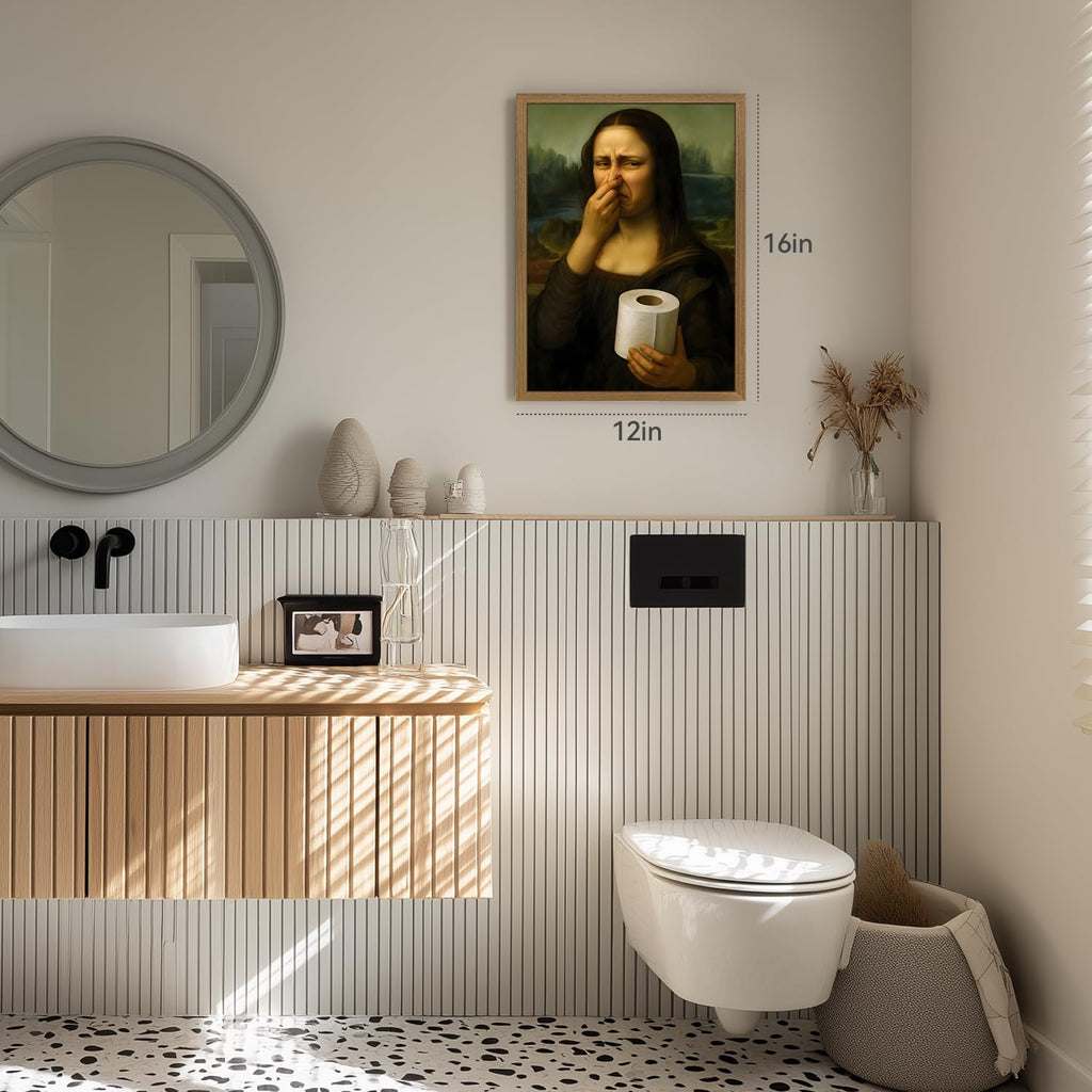 Wood Framed Funny Pinching Nose Mona Lisa Bathroom Wall Art 12x16 in