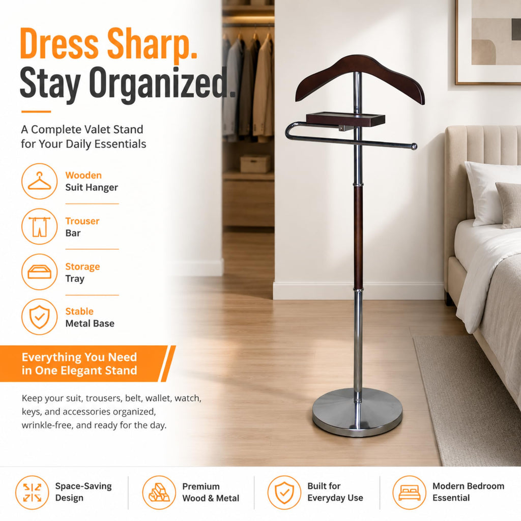 Brown Wooden Suit Valet Stand with Hanger Trouser Bar Storage Tray Elegant Clothes Organizer Closet Space Saving