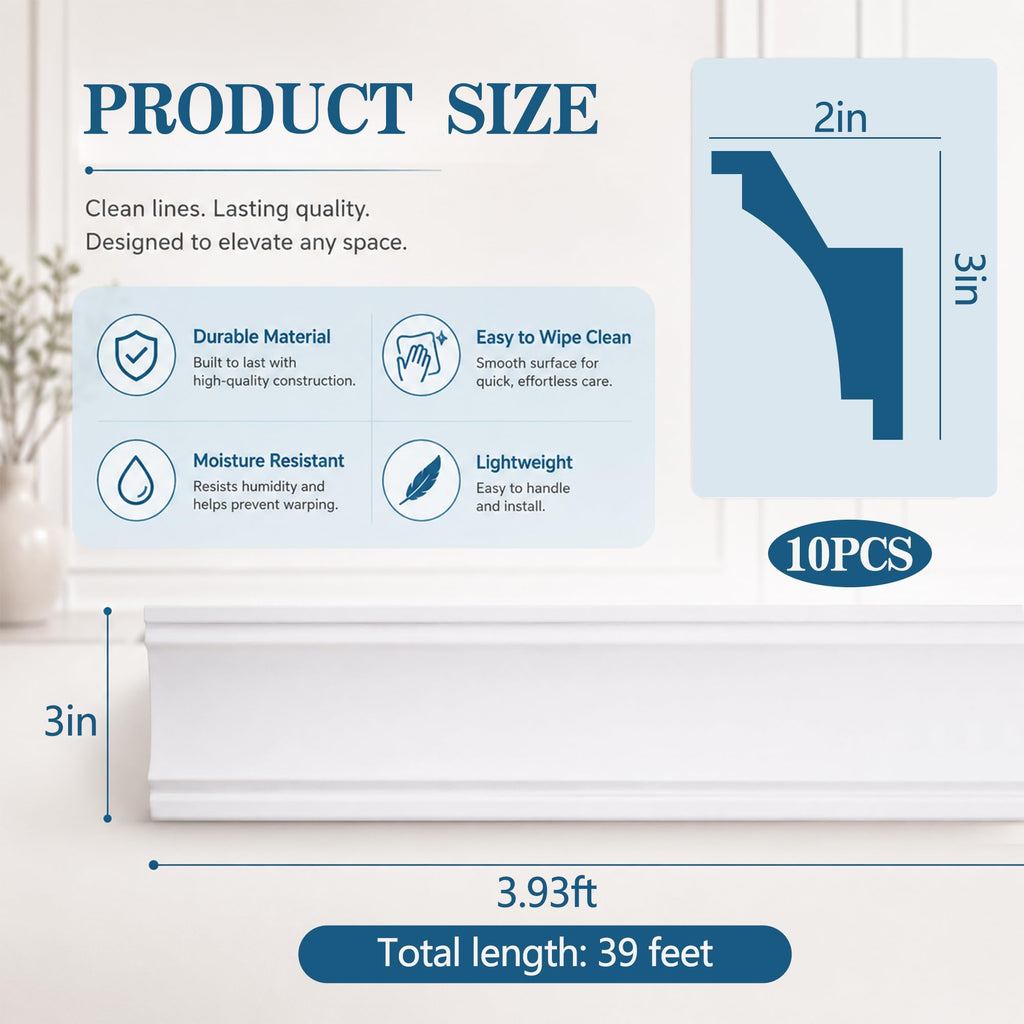10 Pack 39Ft Ceiling Crown Molding Trim, Room Top Light Strip Crown Molding