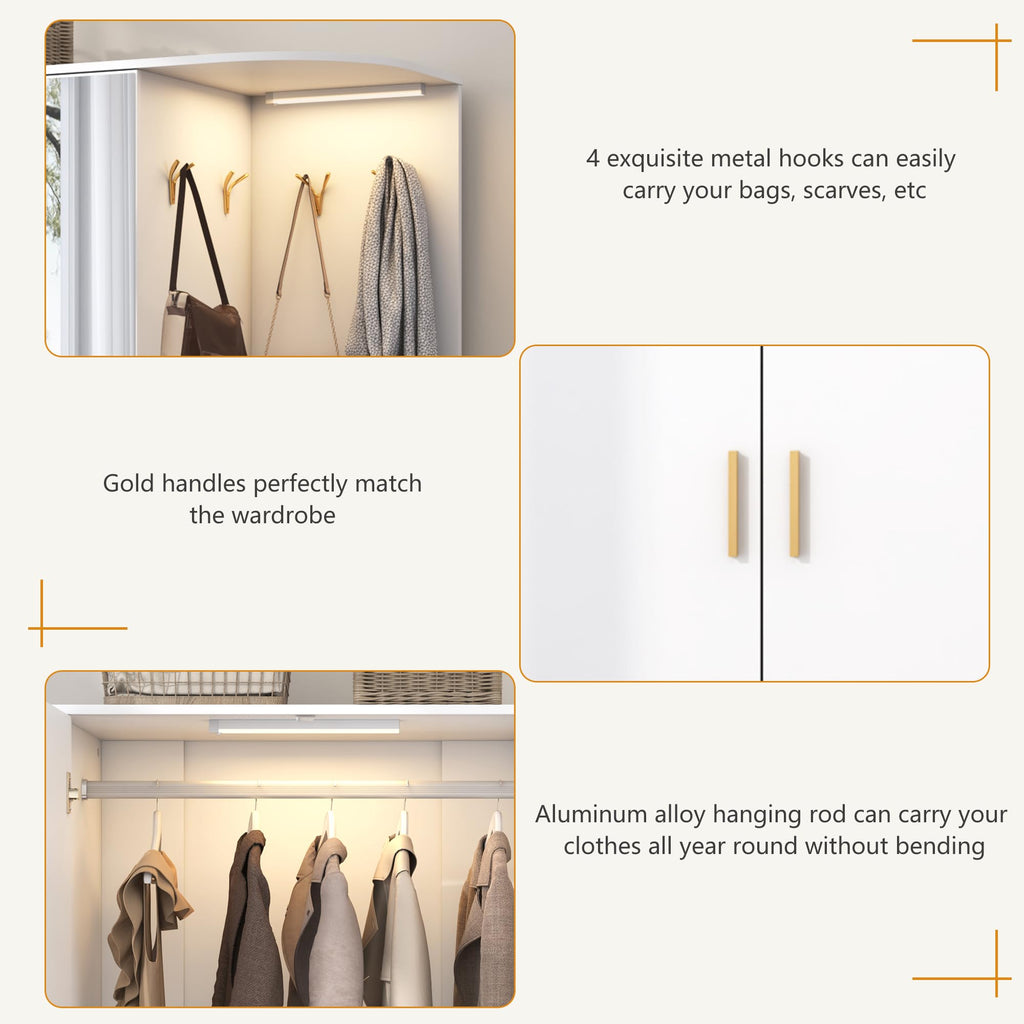 Armoire Wardrobe Closet with Mirror & Sensor Light, Bedroom Armoire with 5 Doors & 2 Drawers, Modern Wooden Large