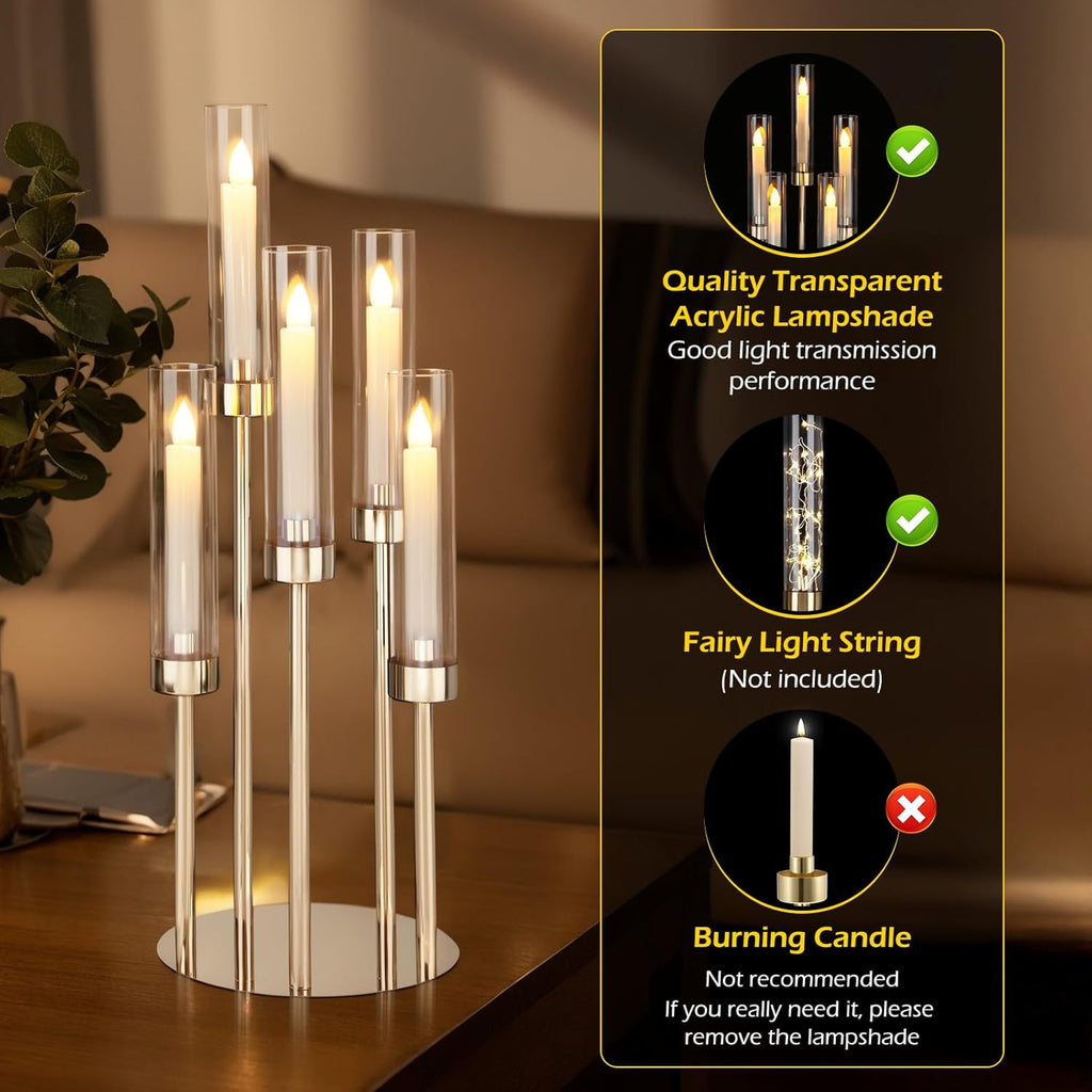 Gold Candelabra Centerpiece 4 Set 26.8'' Tall Candle Holder Centerpiece for Tables, 5 Arms Candlestick Holders with